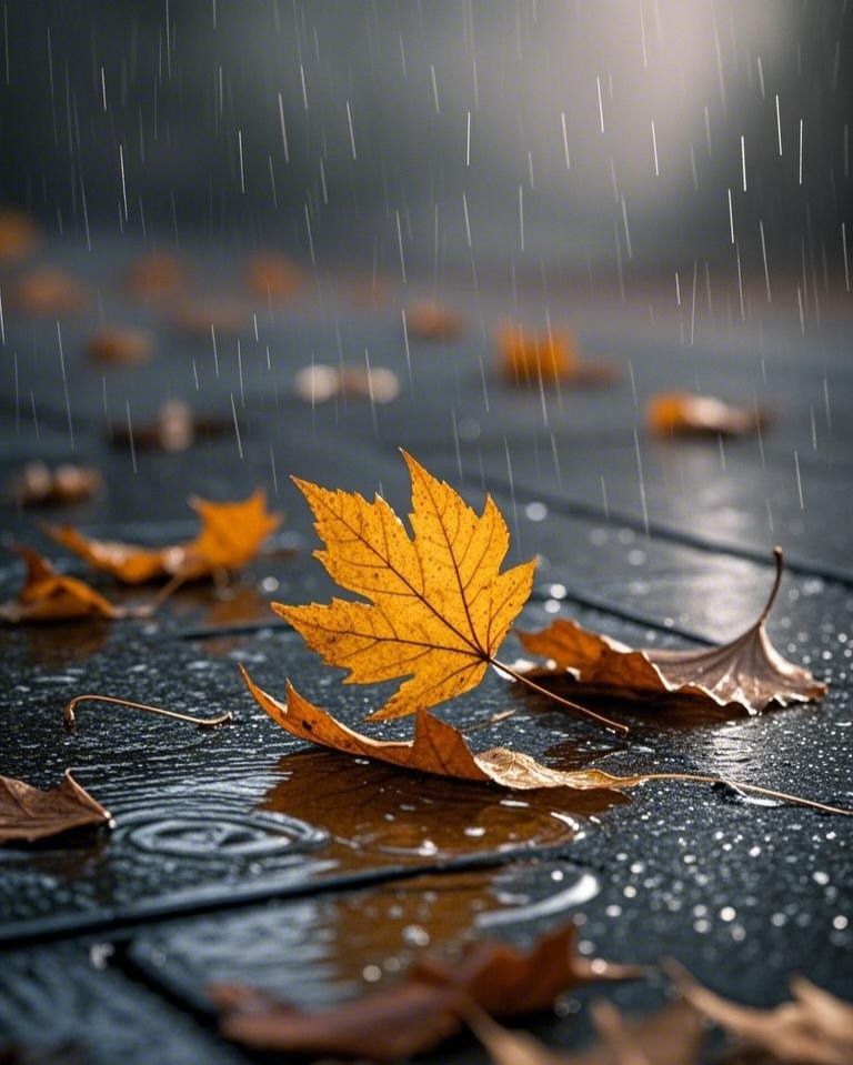 雨中飘落的秋叶,静谧中带着诗意