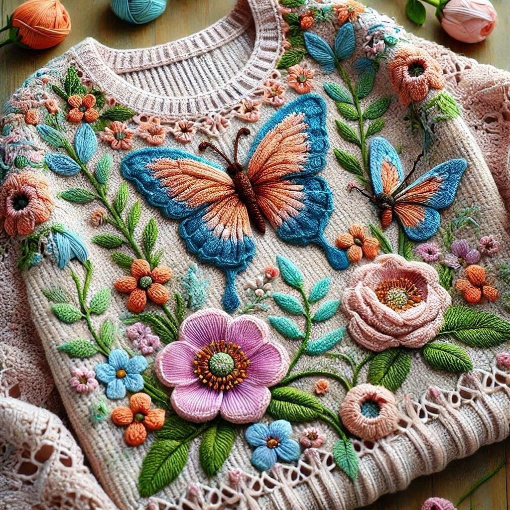 哇,这几件毛衣上的绣花蝴蝶和花朵真是太美了!