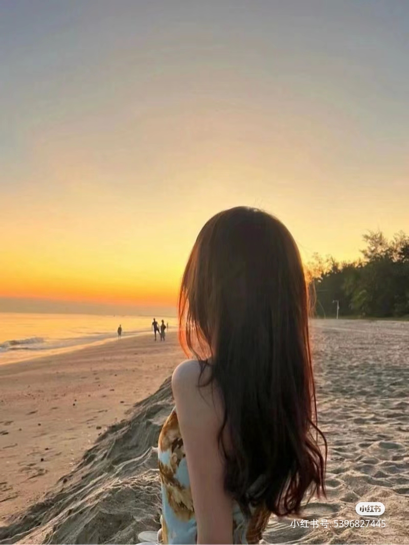 夕阳下的海滩,女孩的背影,海风轻拂,美好如初.