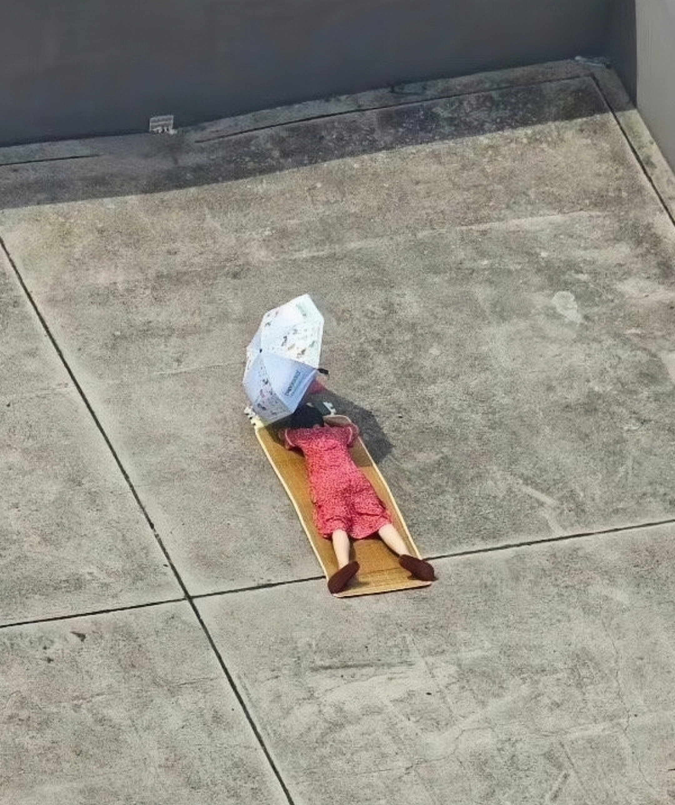 今天中午在楼上看到这么惊讶的一幕,只见这位姐姐爬在楼顶上背朝阳光