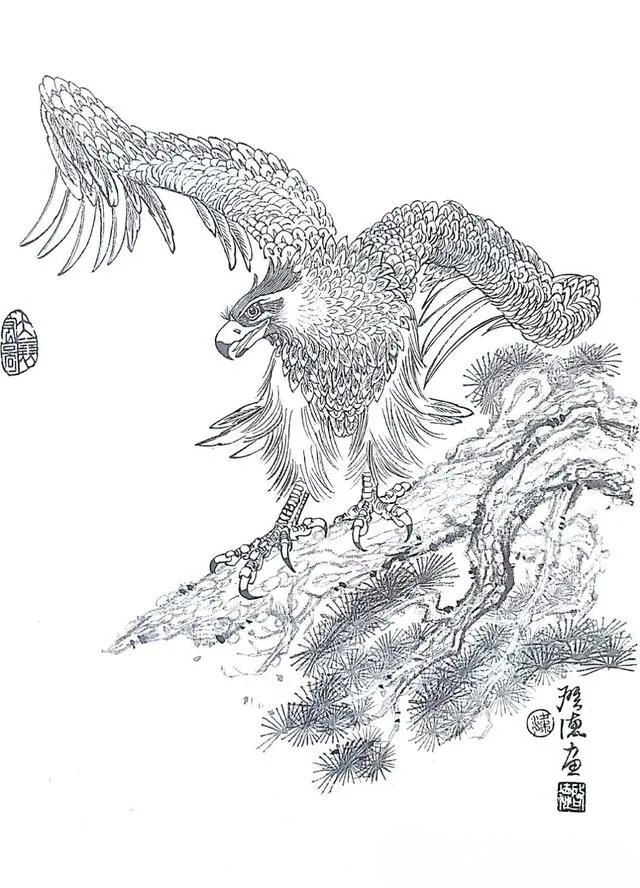 长城和鹰白描图片