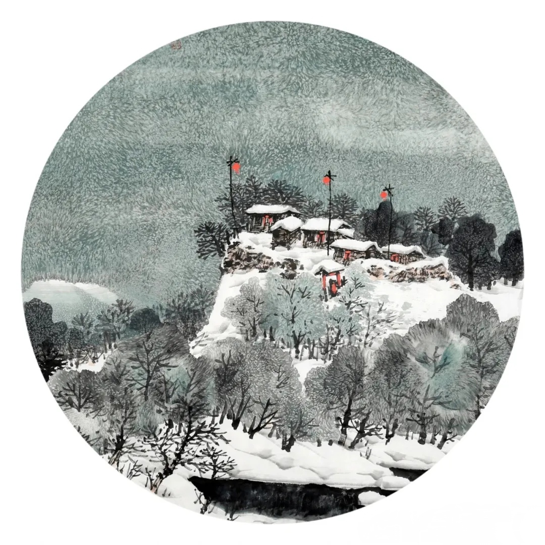 圆形雪景山水画小品图片