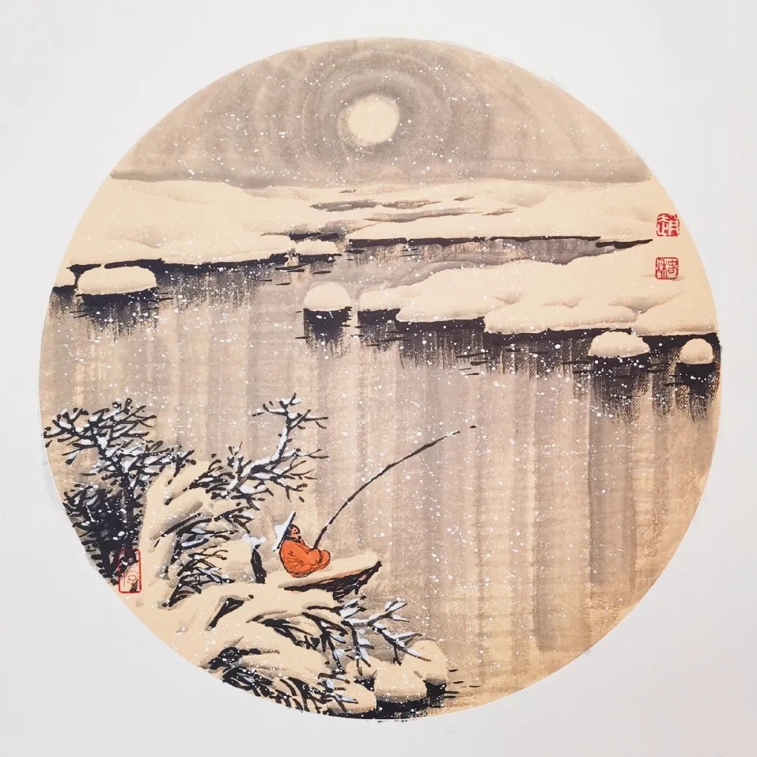 圆形雪景山水画小品图片