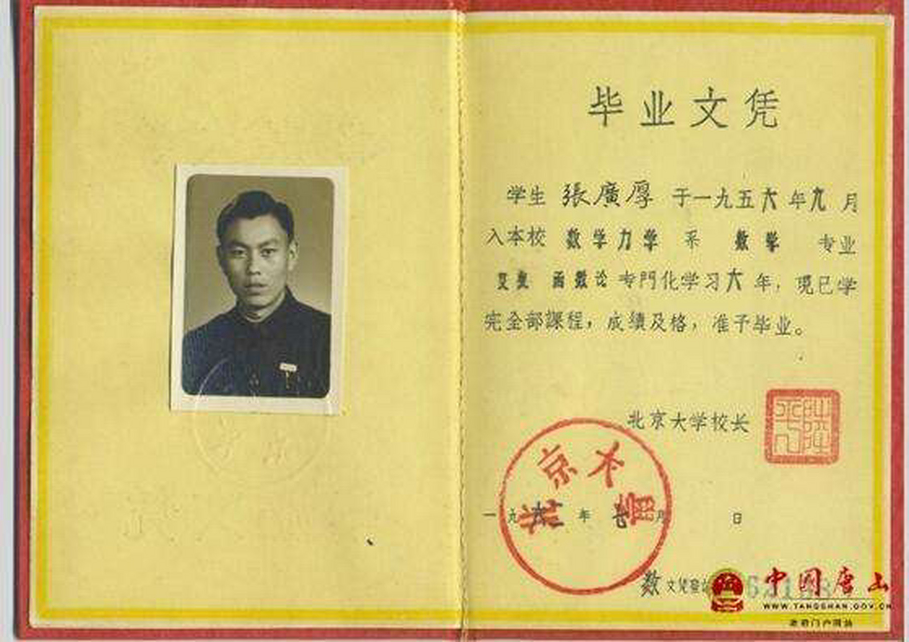 著名数学家张广厚先生是哪里毕业的?看看他的毕业证就知道了!