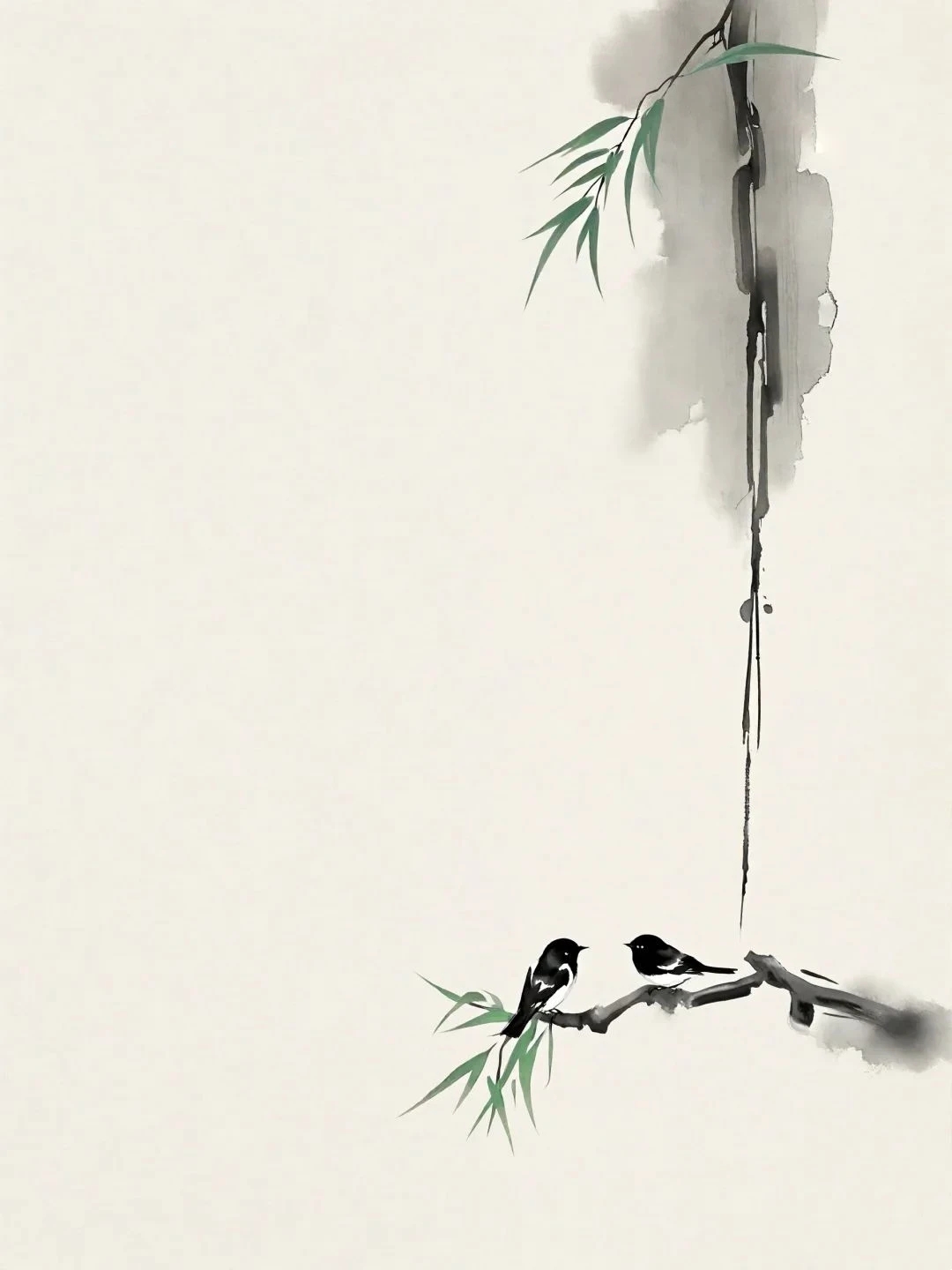 两只小鸟,轻盈地栖息在细长树枝上,宛如水墨画中的精灵,悠然自得.