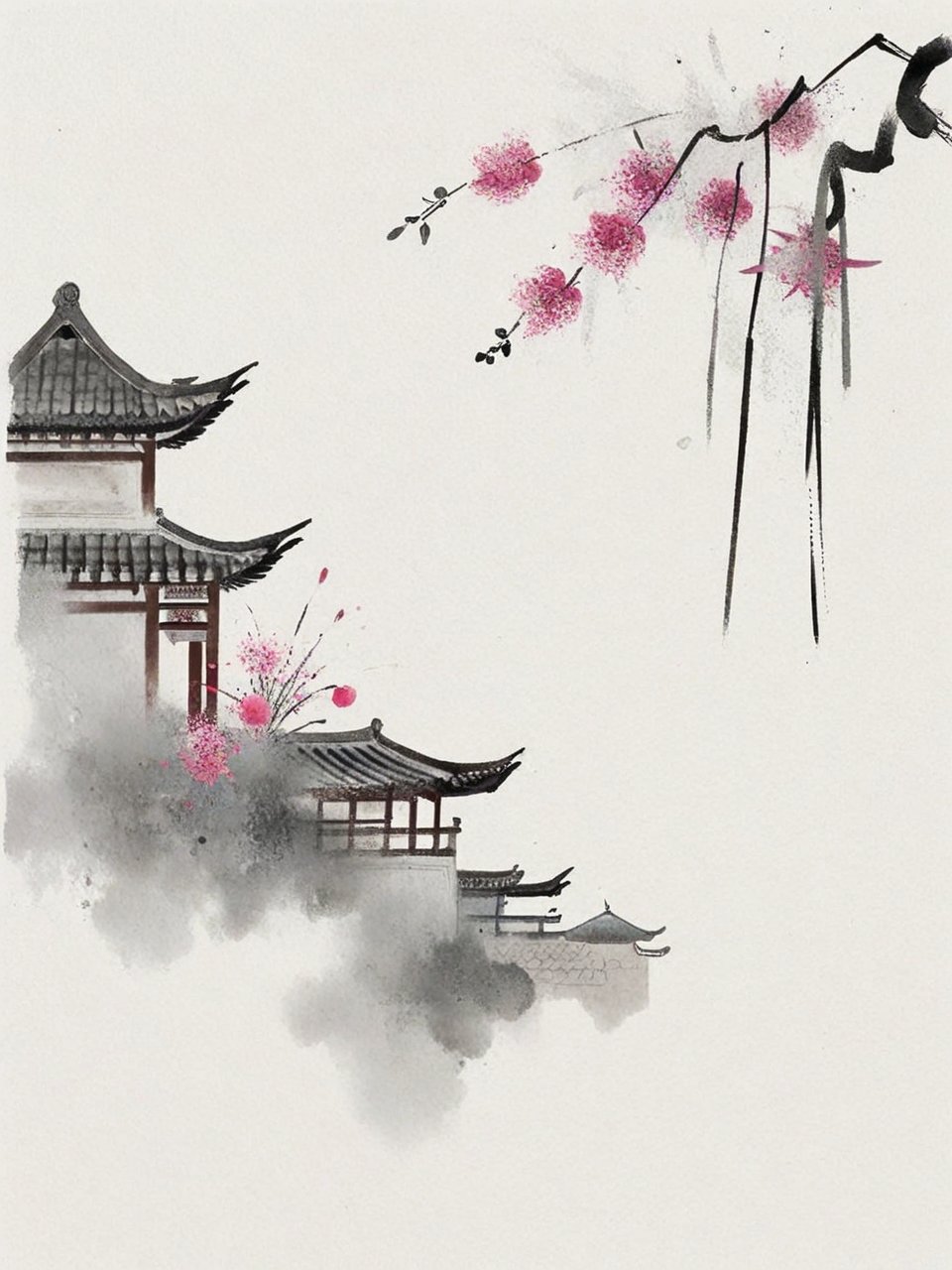 水墨画中的古风建筑配上樱花,美得就像穿越了时空,真想在这美景中漫步