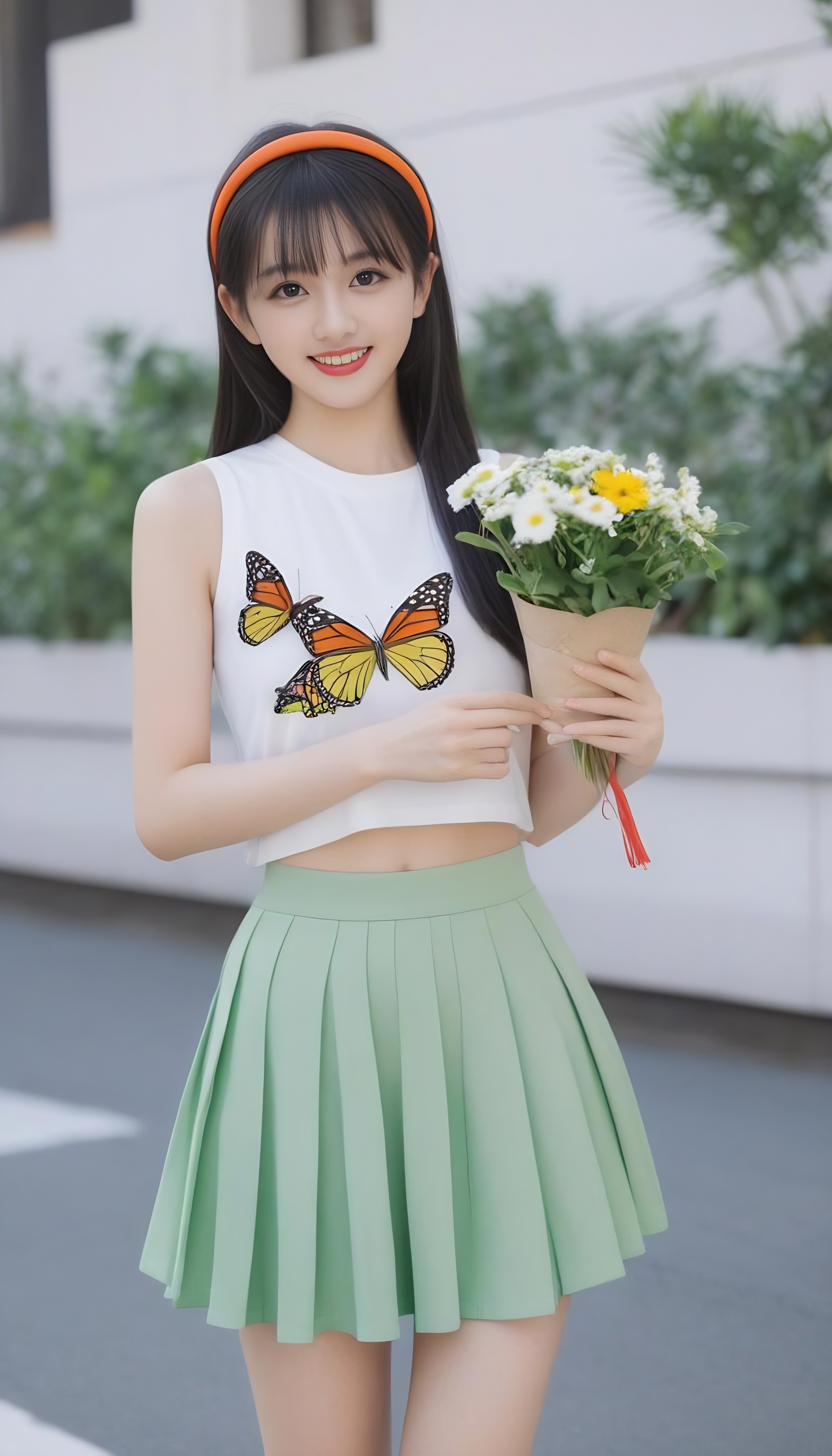 捕捉到一位元气少女街头随拍,蝴蝶元素点缀夏日清新,手捧鲜花笑容甜美