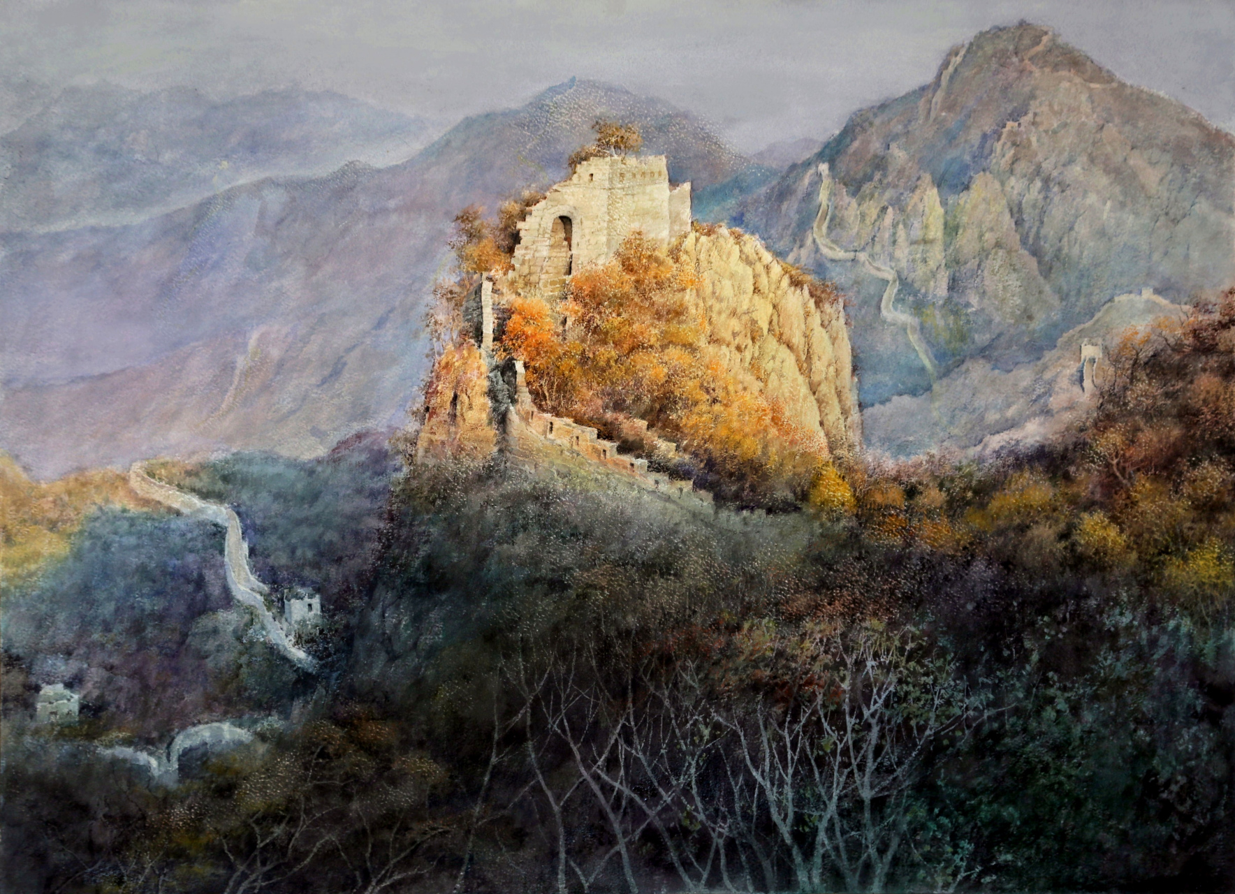 《长城秋色》水彩 马玉岩作