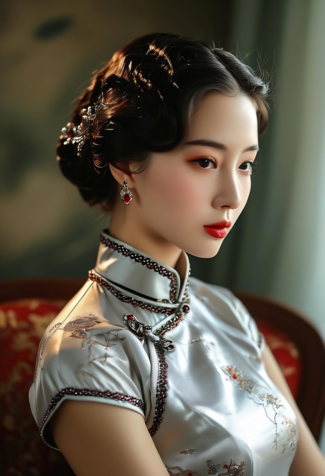 她身着一袭银白旗袍,精致刺绣如绽于时光的花朵,领口与襟边饰以珠串