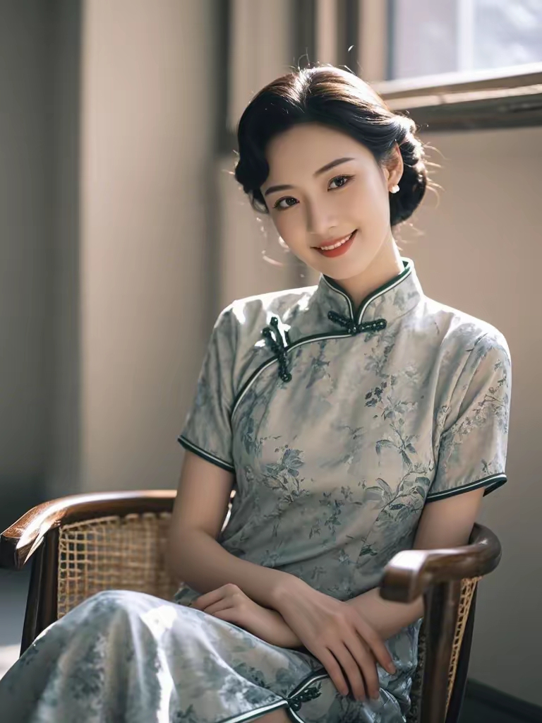 坐在藤椅上,轻柔的旗袍衬托出她的温婉气质,微笑中透着几分矜持