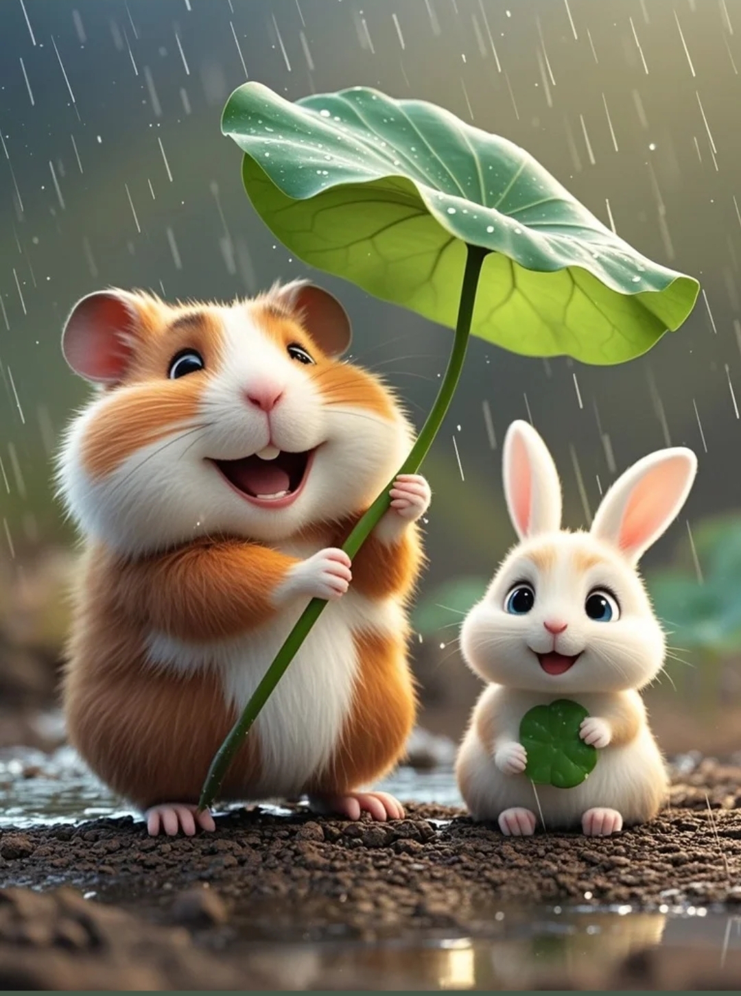 雨中漫步,花瓣随风飘落,小兔子和小仓鼠撑着荷叶伞,享受这浪漫春雨
