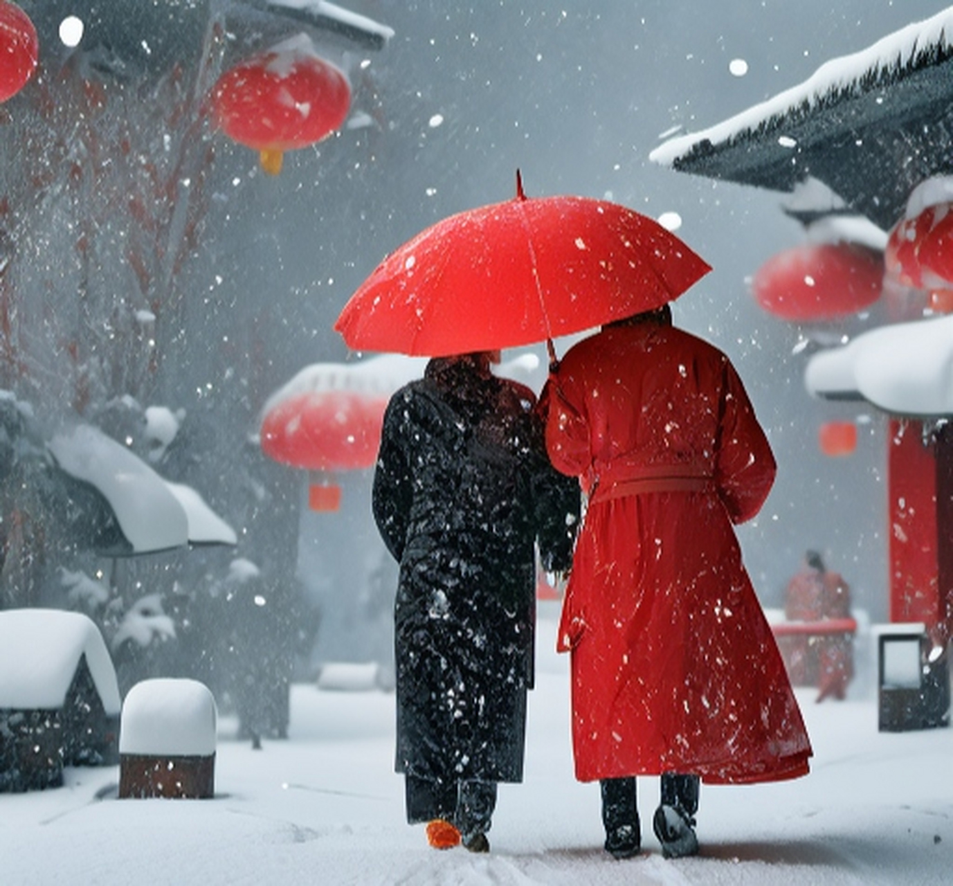 红伞下的两人,仿佛置身于童话世界.