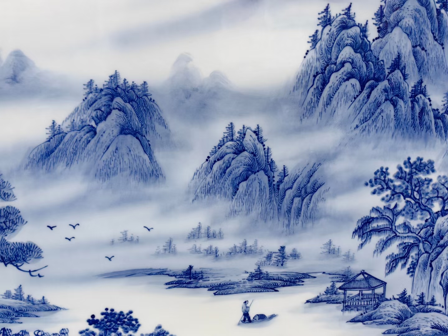 150*72 67源遠流长 67 青花瓷山水画,蓝调展山峦云雾,四字题词"山