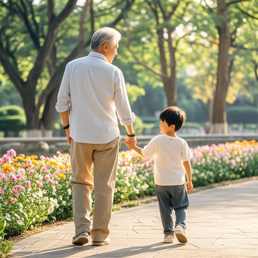 老陈在公园散步,忽然看到局长领着孙子走过来,老陈连忙迎上去,蹲下来