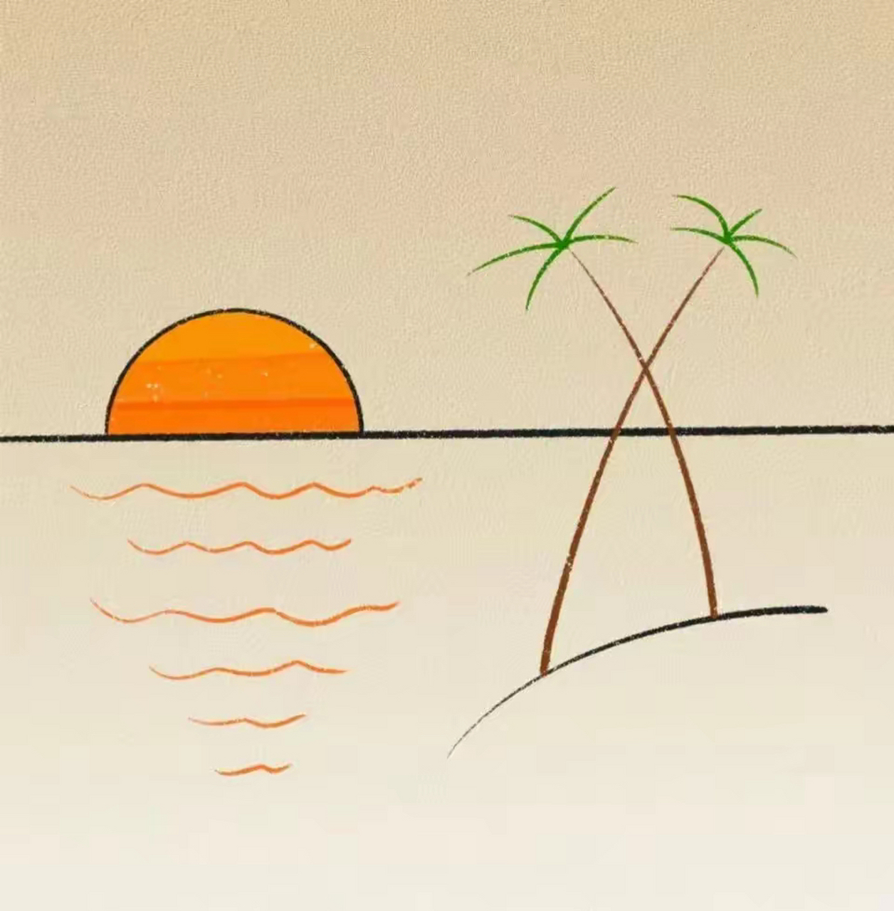 童趣 | 简笔画 夕阳下的湖面,波光粼粼,山峦与鸟儿共舞,宁静而美好.