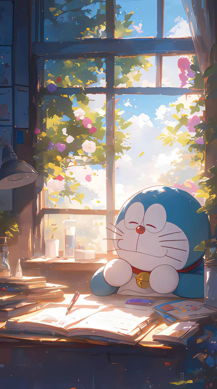 哆啦a梦在树下看书,城市风光尽收眼底.