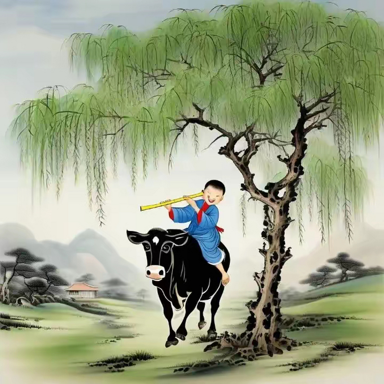 骑牛童子,牧归图.