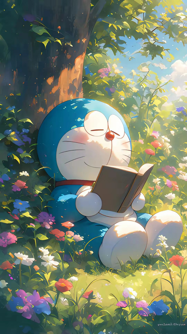 哆啦a梦在树下看书,城市风光尽收眼底.