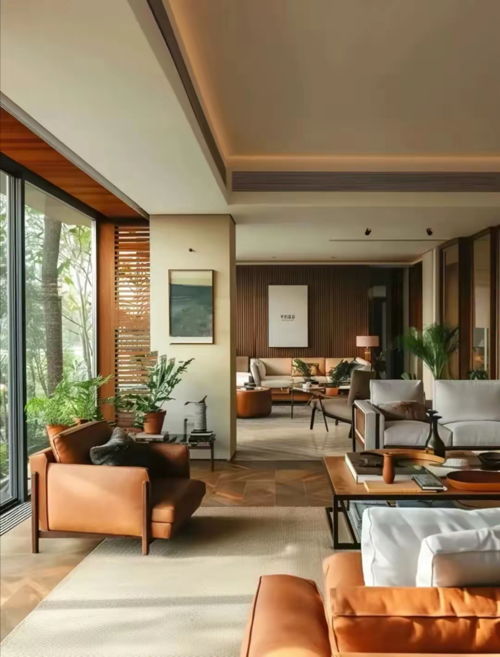 阳光洒进现代客厅,棕色皮沙发温馨舒适,大窗户带来自然好风光,生活