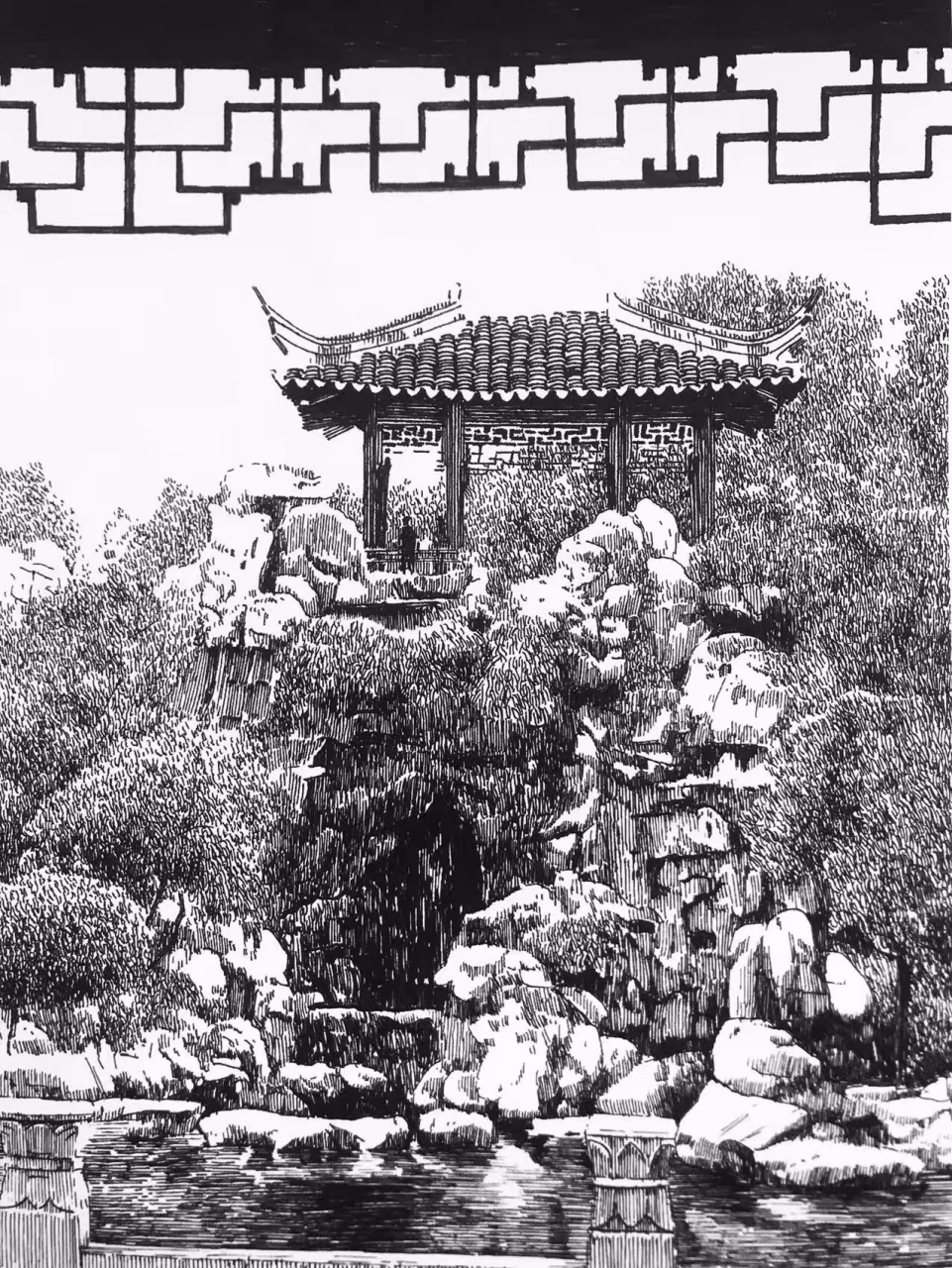 钢笔画|江南古镇 古韵亭台映日辉,潺潺流水绕石矶.