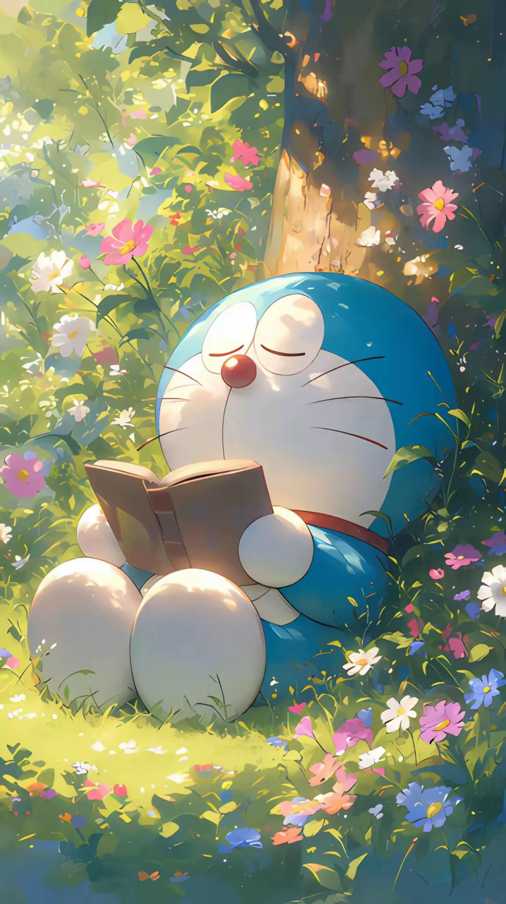 哆啦a梦在树下看书,城市风光尽收眼底.