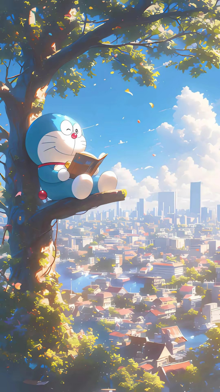 哆啦a梦在树下看书,城市风光尽收眼底.