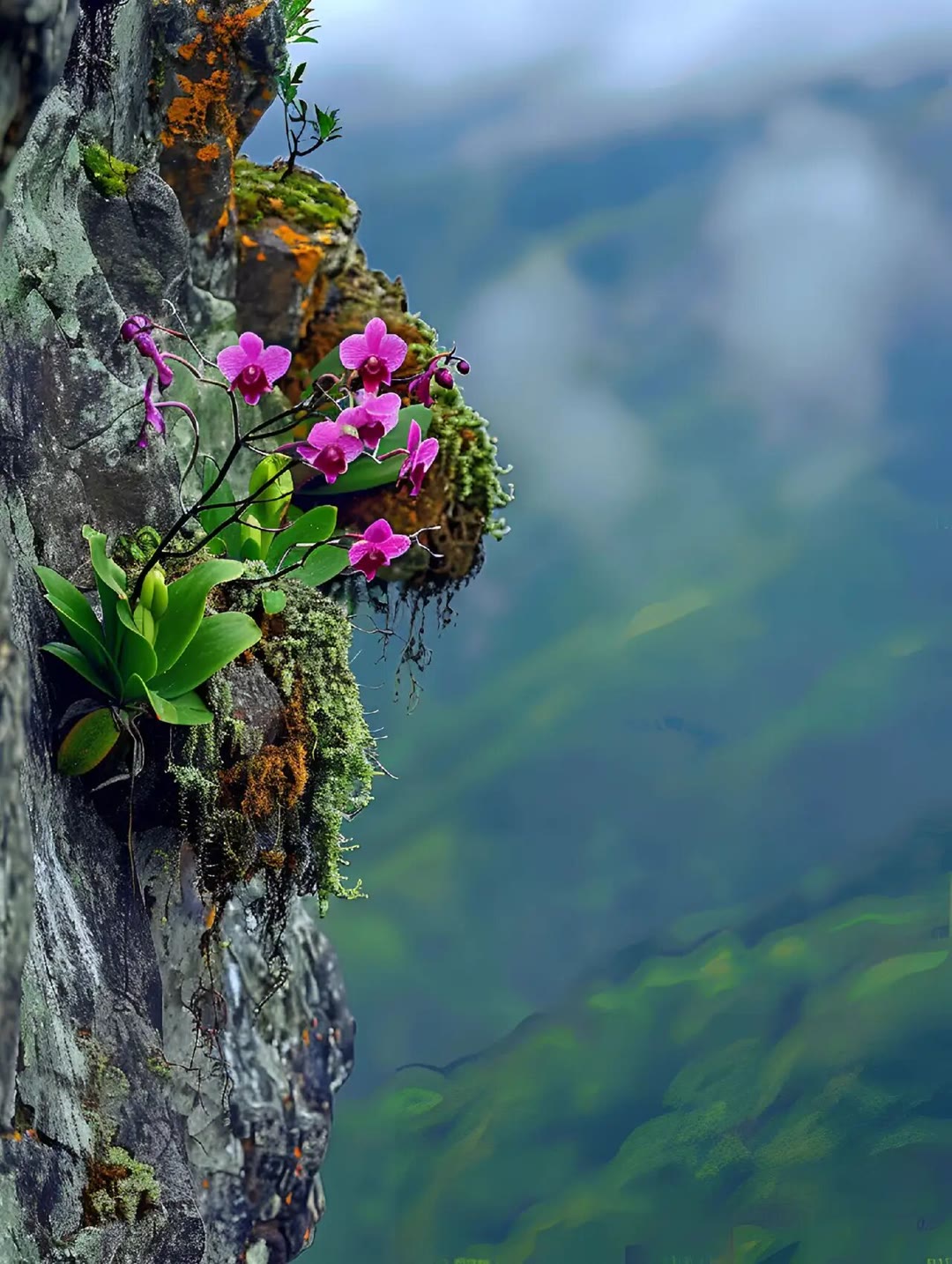悬崖峭壁间的生命奇迹,粉嫩花朵映衬着大自然的鬼斧神工.