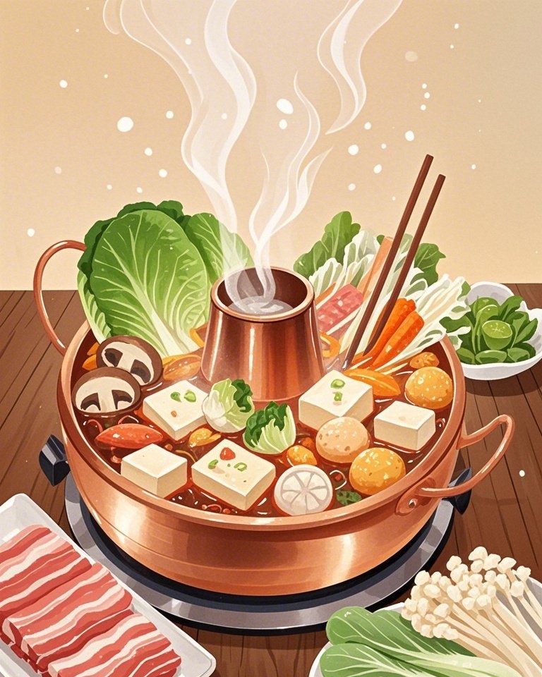 "铜锅里的火锅盛宴,各种食材咕嘟嘟冒泡,香气四溢,我已经迫不及待想要