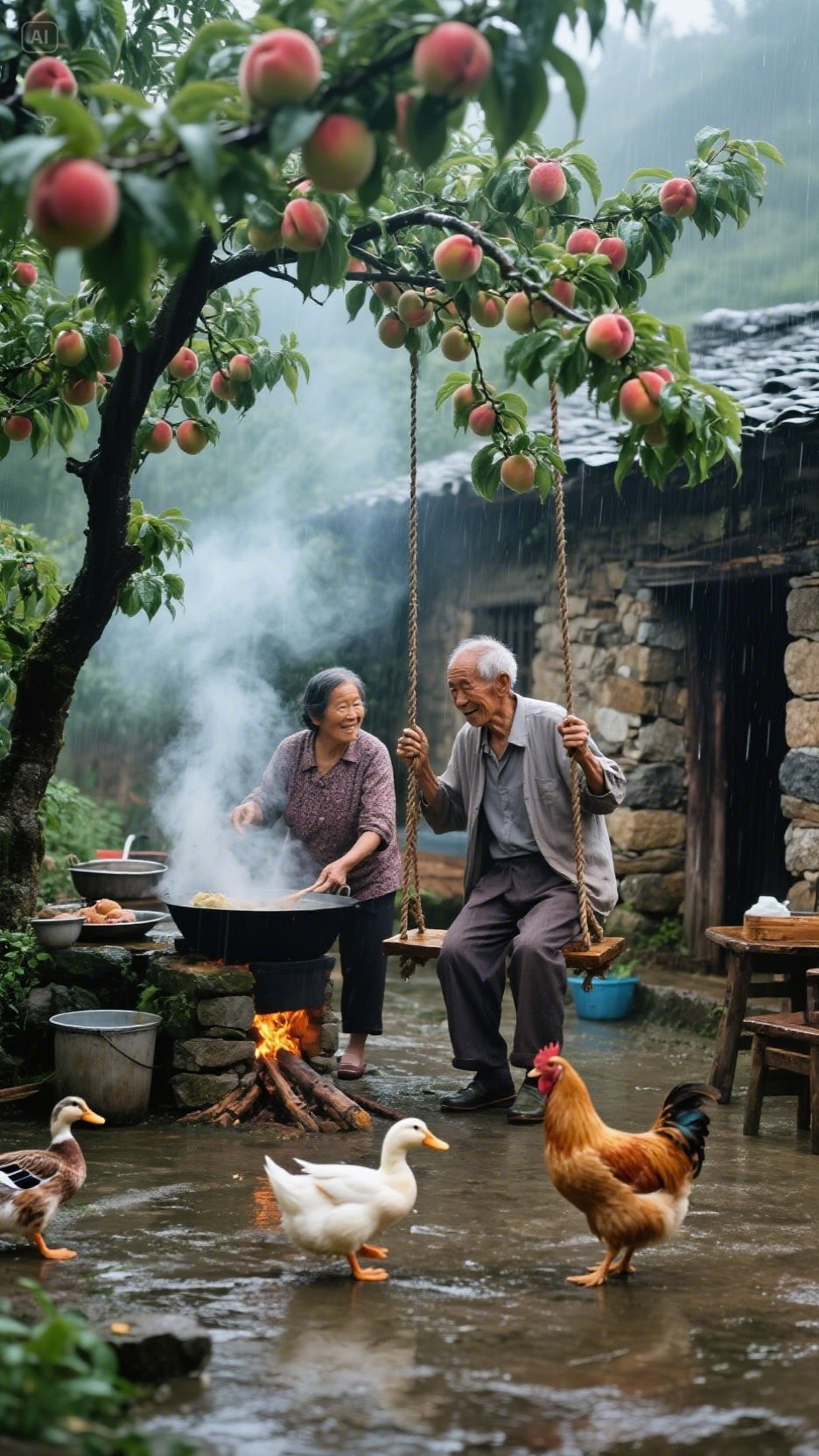雨天农趣,老两口与鸡鸭共享农家乐,烟火气中透出简单幸福