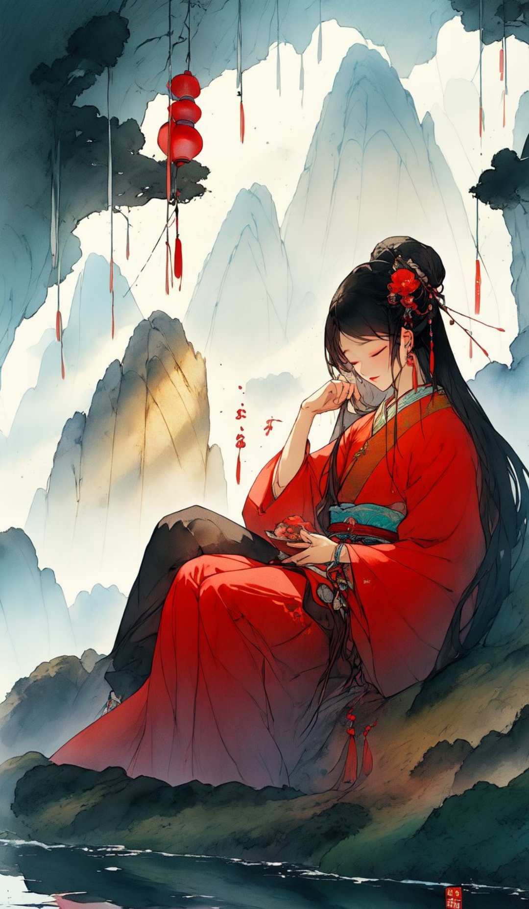 古代仕女图,一边是青山,一边是女子↙