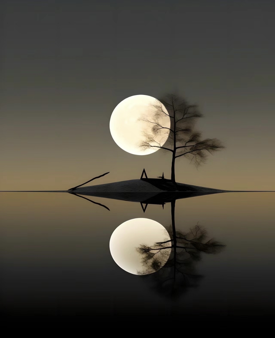 今晚的月亮真圆,我在水边看到了它的倒影.