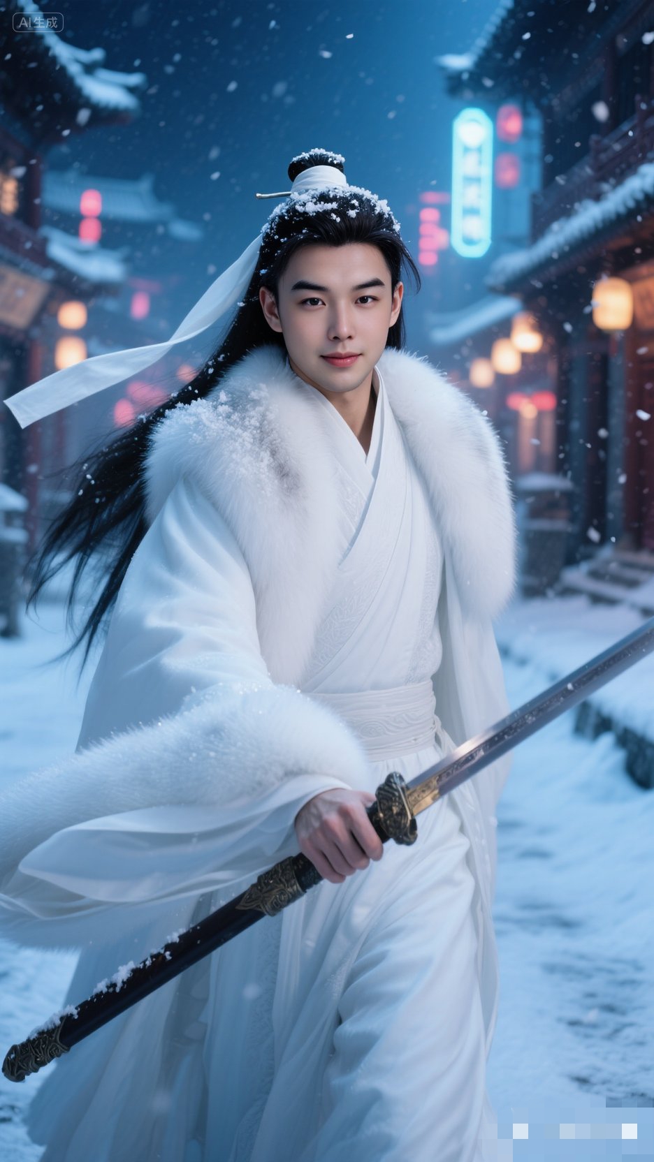 雪夜中的侠客,白衣如雪,长剑在手,冷峻中透出几分潇洒