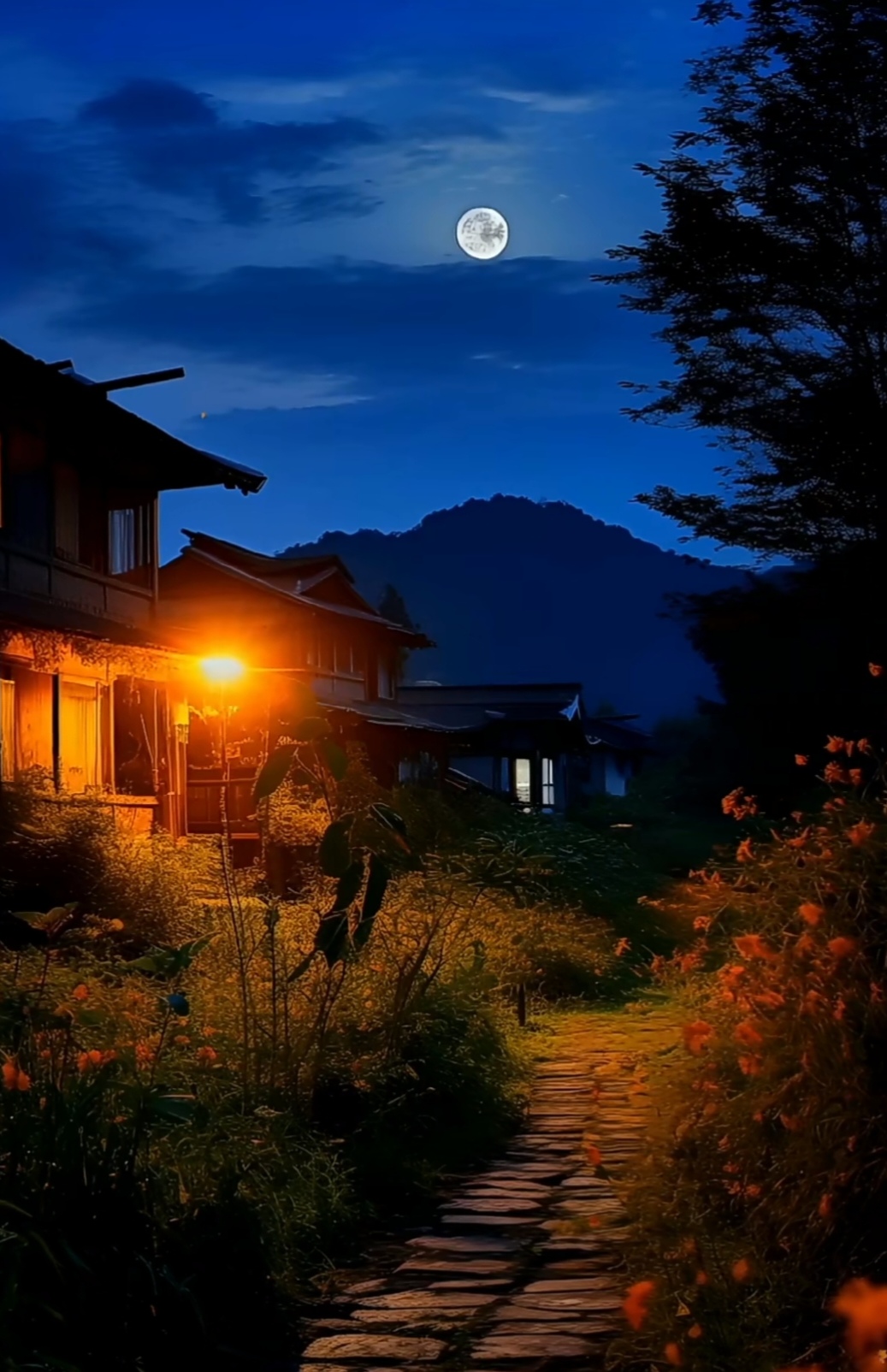 秋日环游指南#夜晚,一座静谧的小村庄被月亮照亮了.