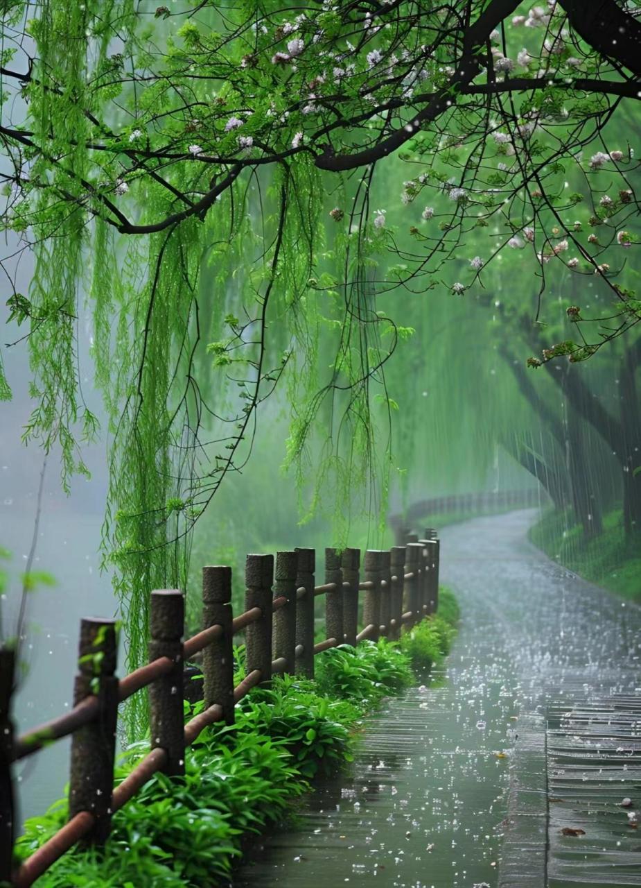 烟雨江南水墨画,楼台烟雨漫轻纱. 青山绿水相映美,烟雨蒙蒙笼天涯.