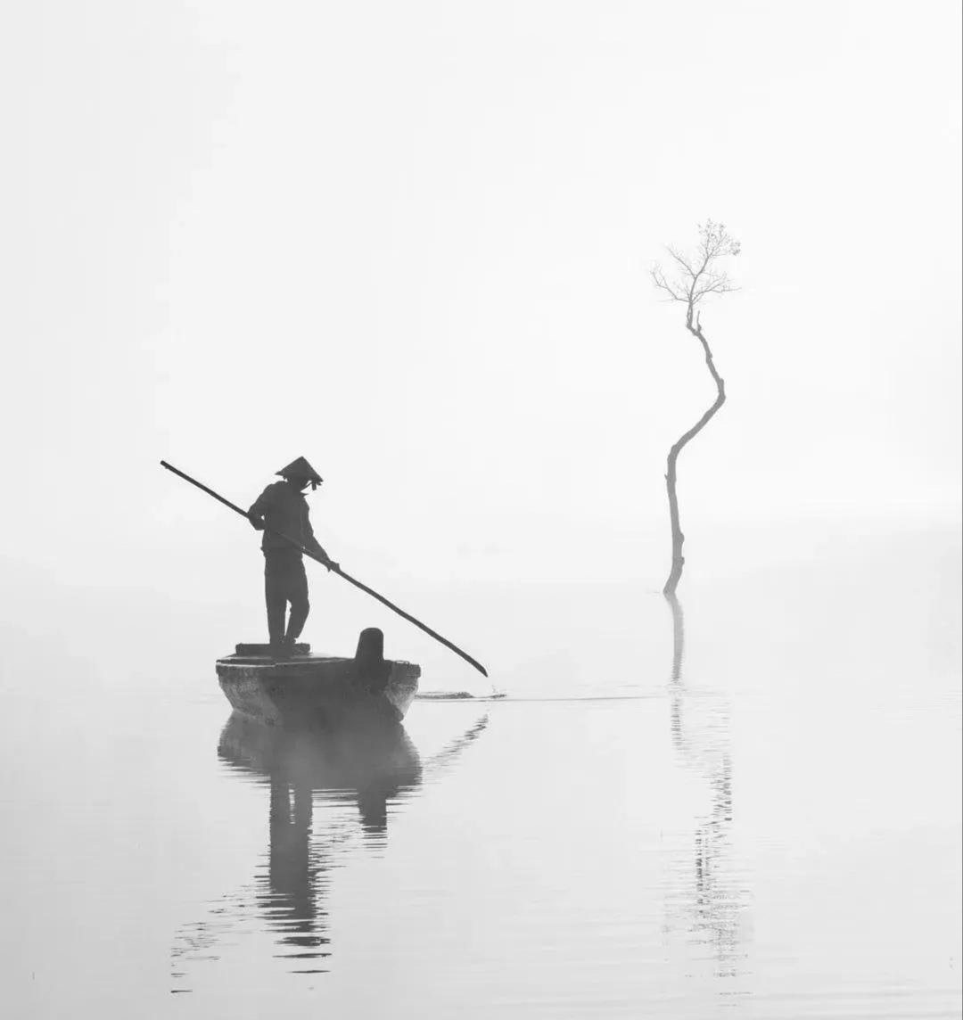 他们悠然划船,与周围的深色衣服形成鲜明对比,仿佛在诉说着一段无声的