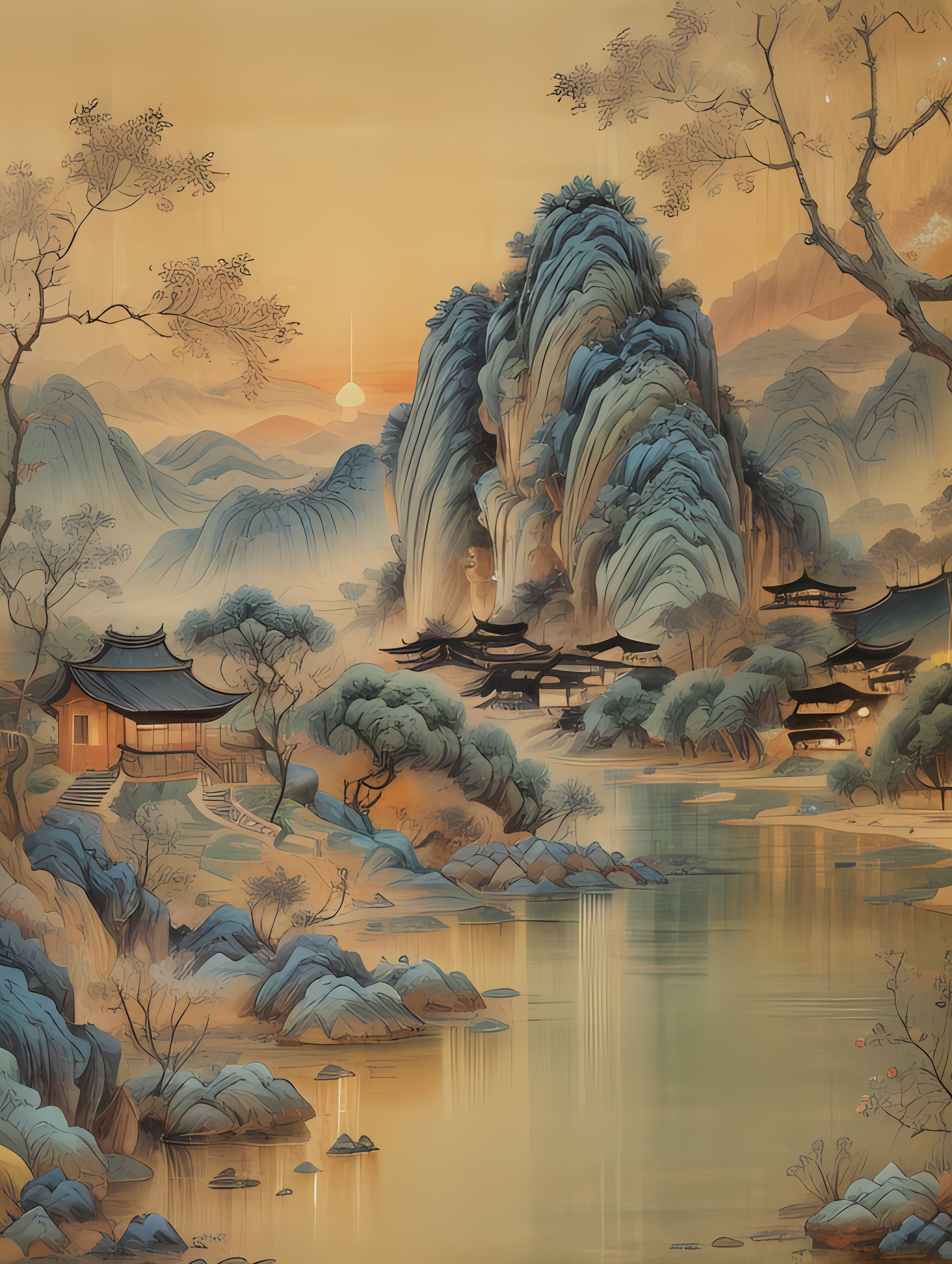 水墨丹青,意境深邃.画中山水,如诗如画.瀑布飞流,山峦叠翠.
