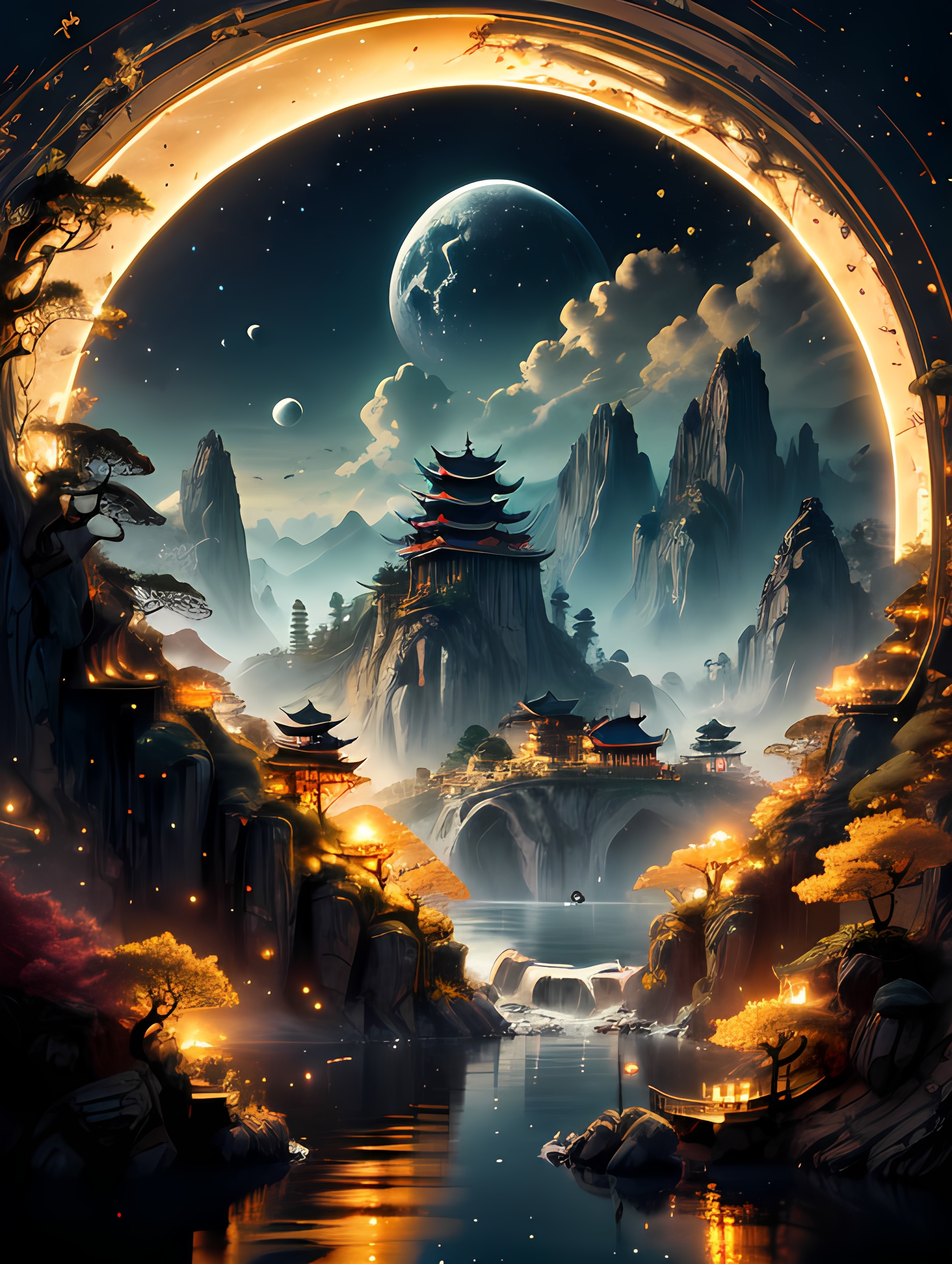 题目:月色古桥畔的神秘建筑  插画中的中国风,是一幅流动的诗篇.