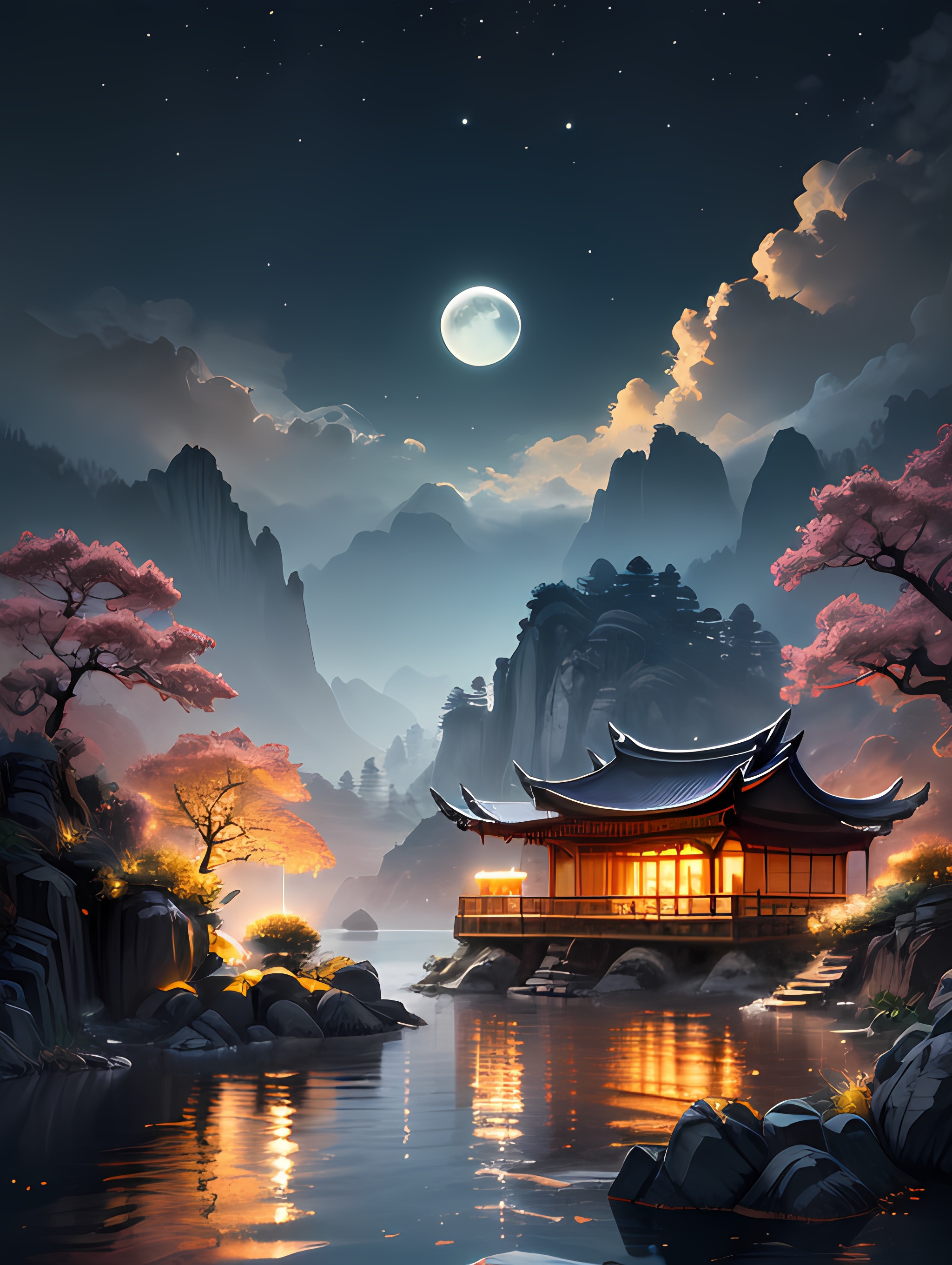 题目:月色古桥畔的神秘建筑  插画中的中国风,是一幅流动的诗篇.