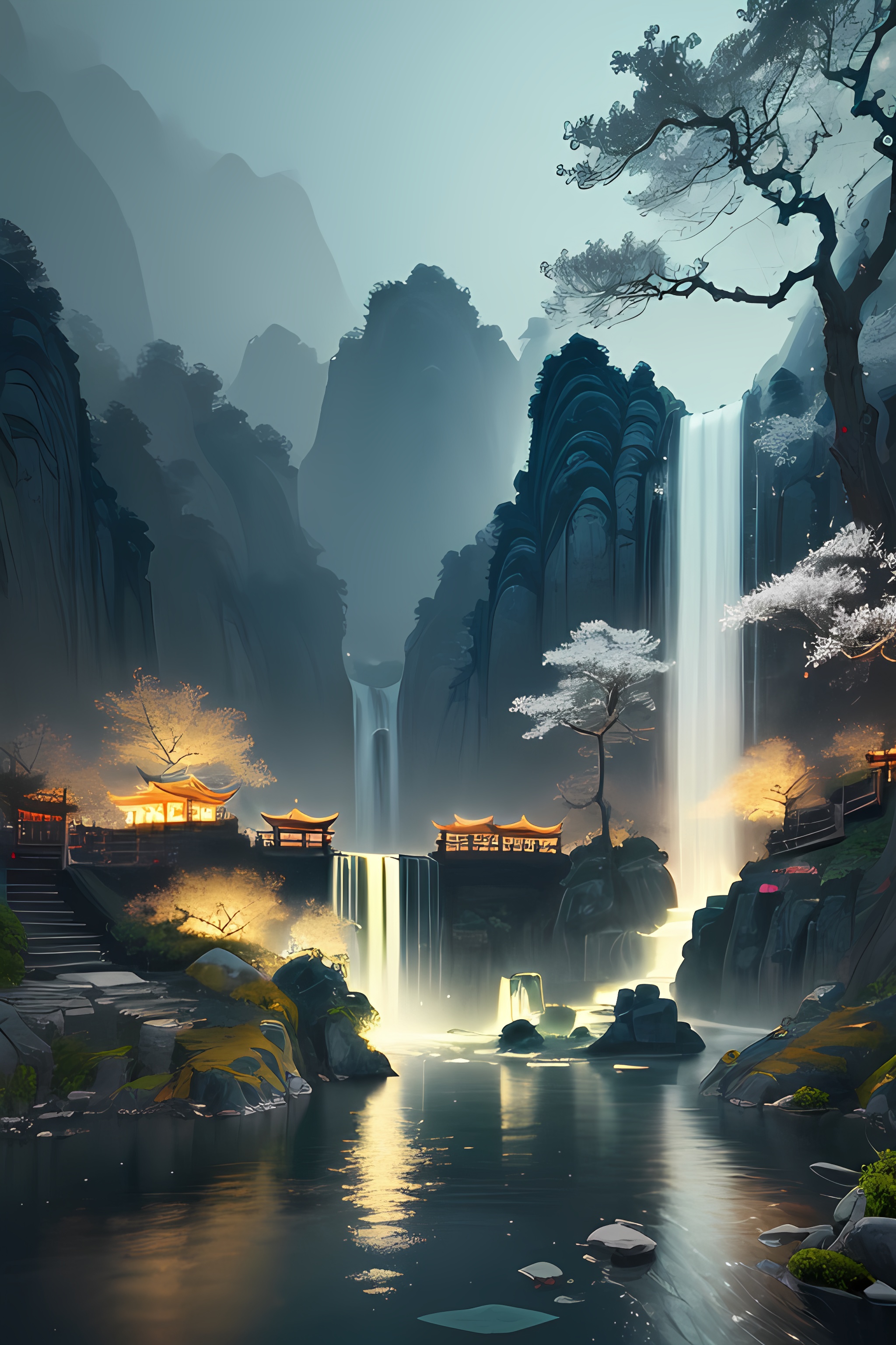 题目:月色古桥畔的神秘建筑  插画中的中国风,是一幅流动的诗篇.