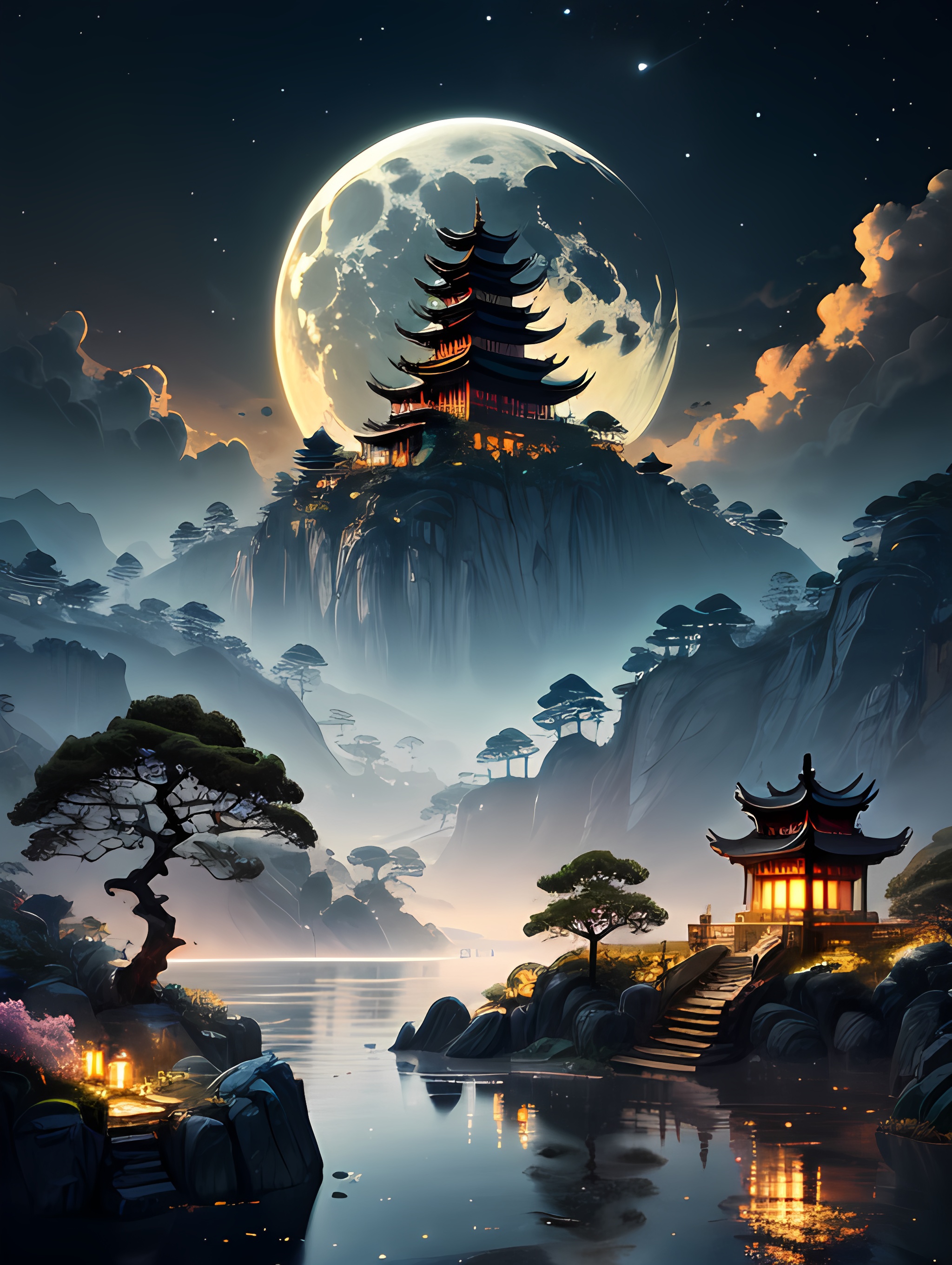题目:月色古桥畔的神秘建筑  插画中的中国风,是一幅流动的诗篇.