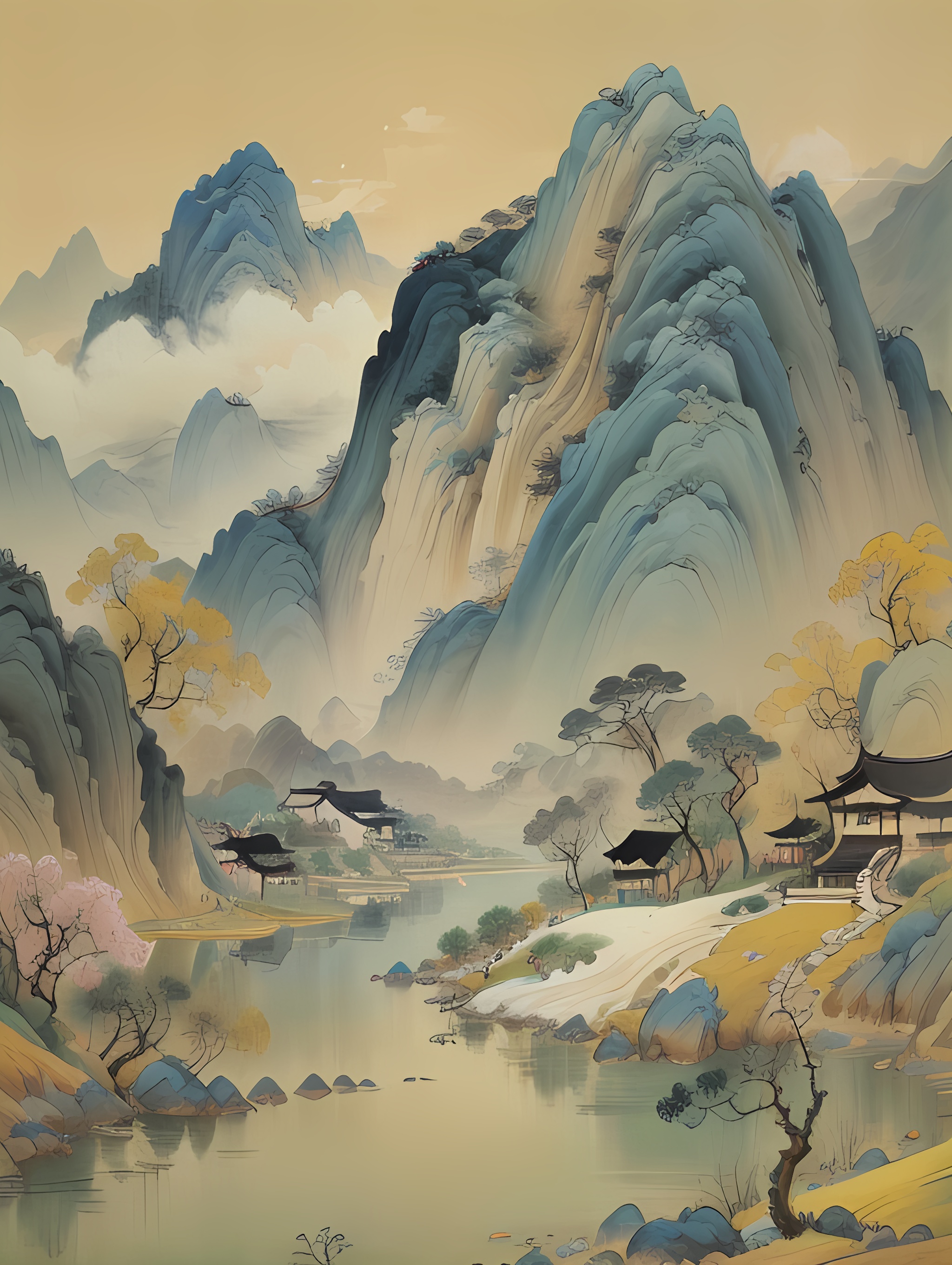 山脚下,一座古色古香的村庄静静地坐落在那里,周围绿树环绕,显得格外
