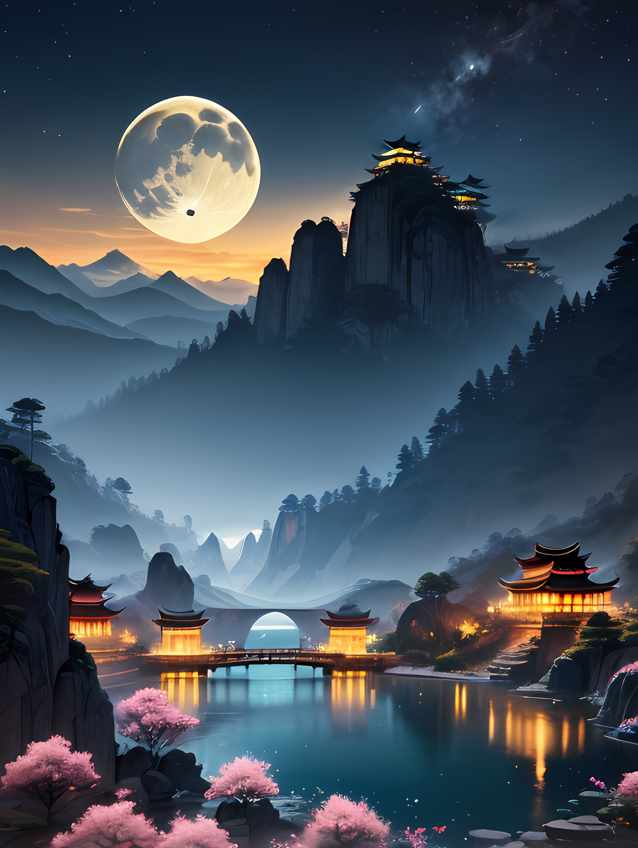 题目:月色古桥畔的神秘建筑  插画中的中国风,是一幅流动的诗篇.