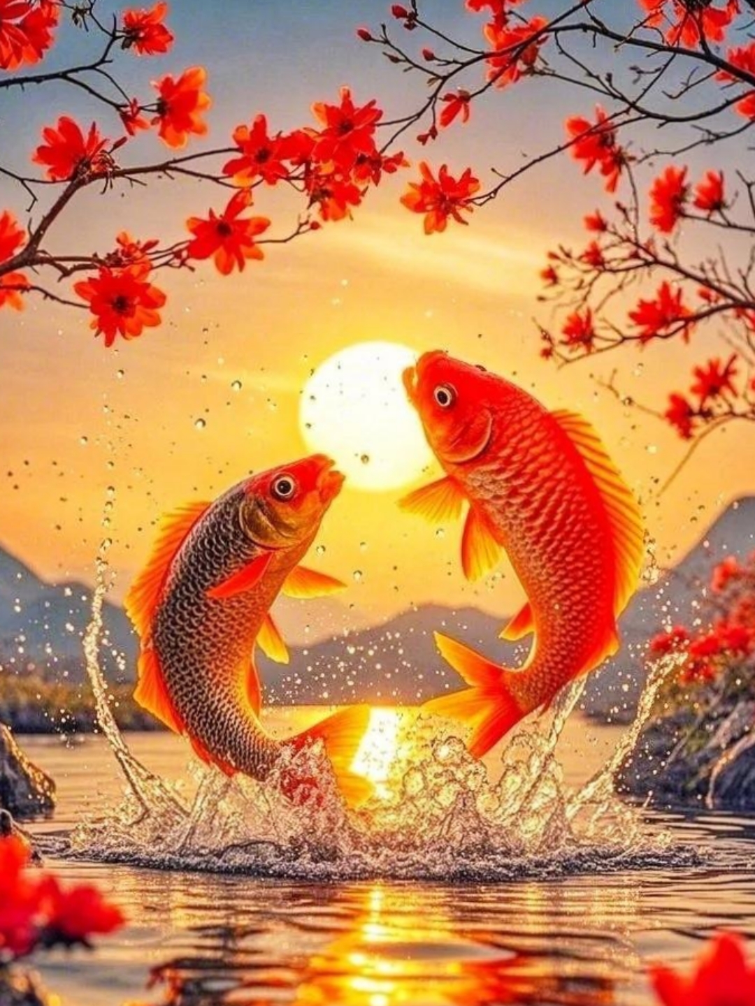 "夕阳下,两条鱼儿欢跃,溅起的水花映着满树红花,美得就像一幅画!