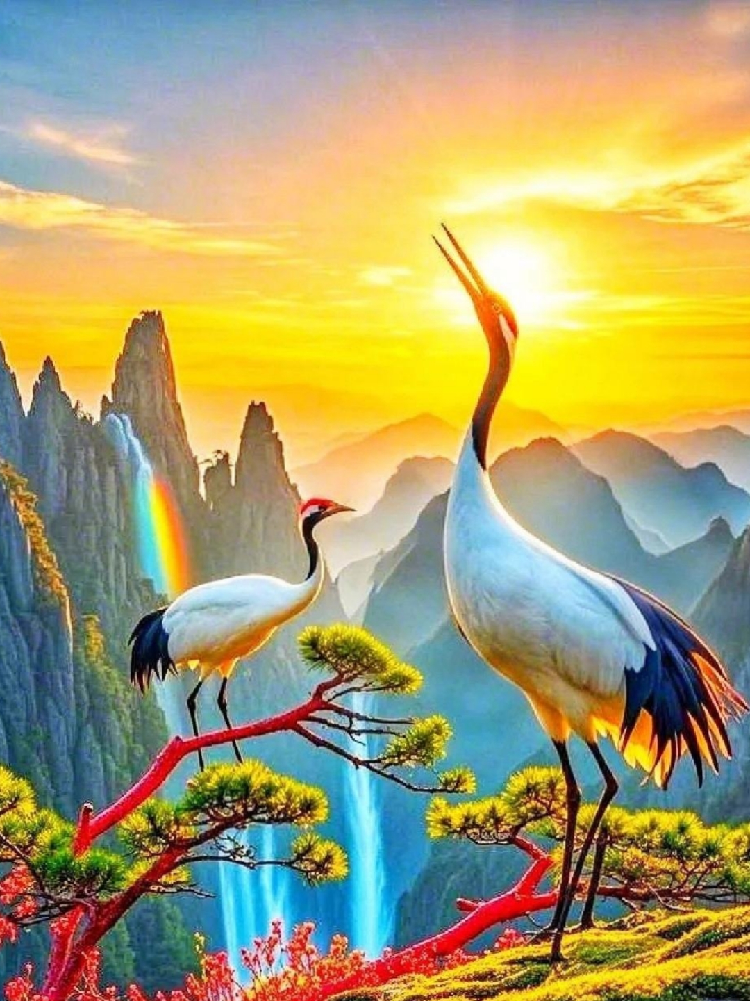 哇,这两只仙鹤站在红叶树下,背景还有彩虹和瀑布,美得像幅画!