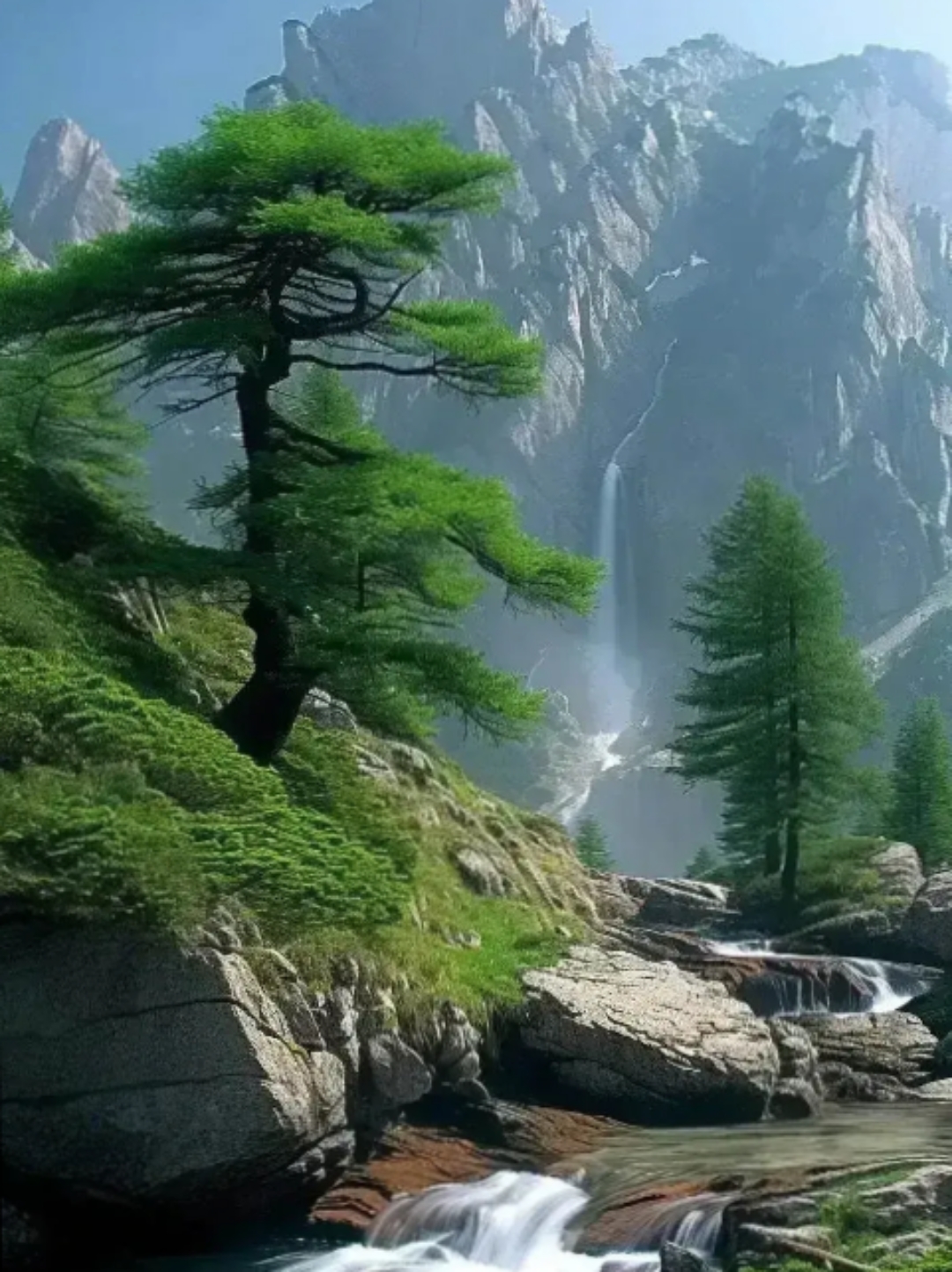 罩,瀑布直流倾泻而下,水气蒸腾,感受到大自然的气息,一棵松树技叶茂盛