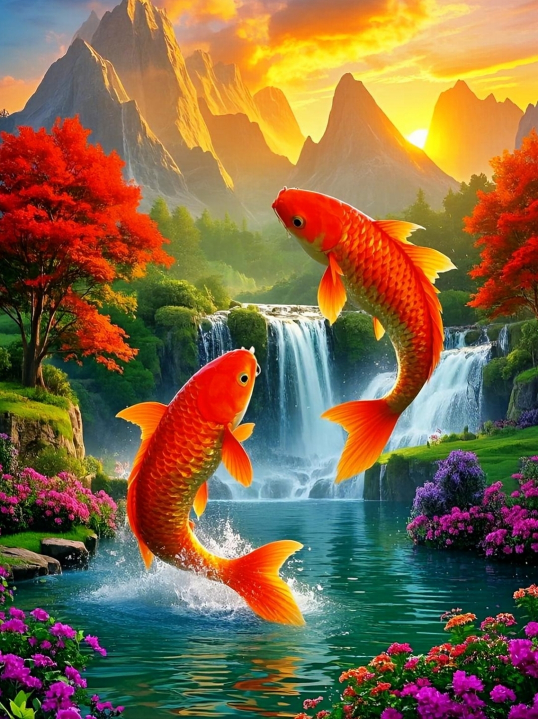 哇,这两条金鱼在瀑布前跳跃的画面太美了,仿佛能感受到它们的快乐!
