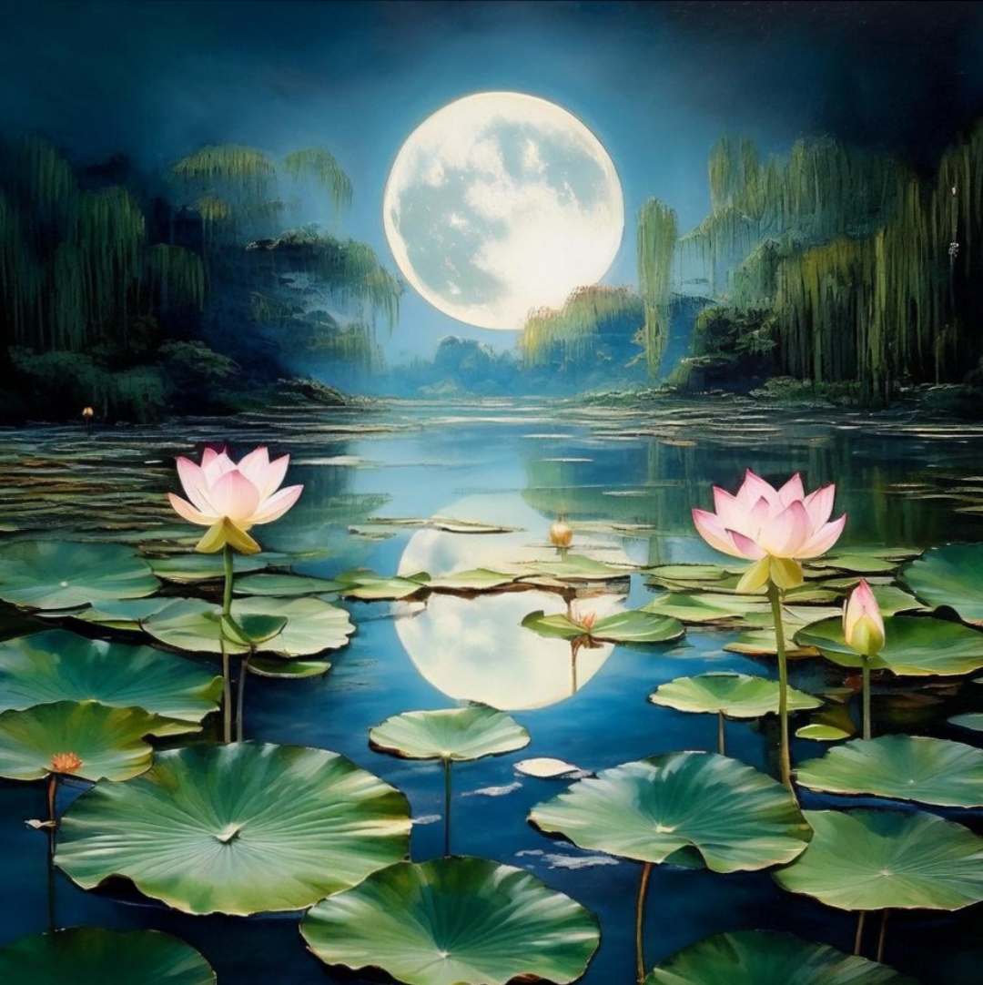 月亮升起来了,湖面上荷花盛开,美不胜收.