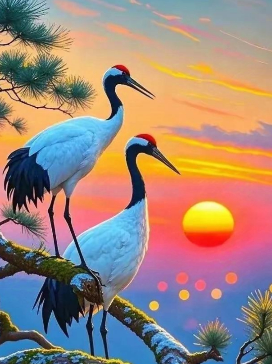 丹顶鹤图片两只仙鹤一个太阳图片夕阳仙鹤图片仙鹤朝阳图片仙鹤日出