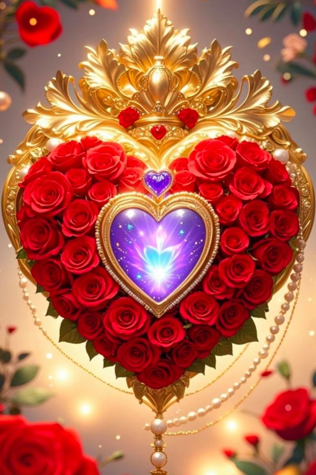 心形的红玫瑰花束,中间镶嵌着闪耀的魔法宝石,散发着浪漫的气息