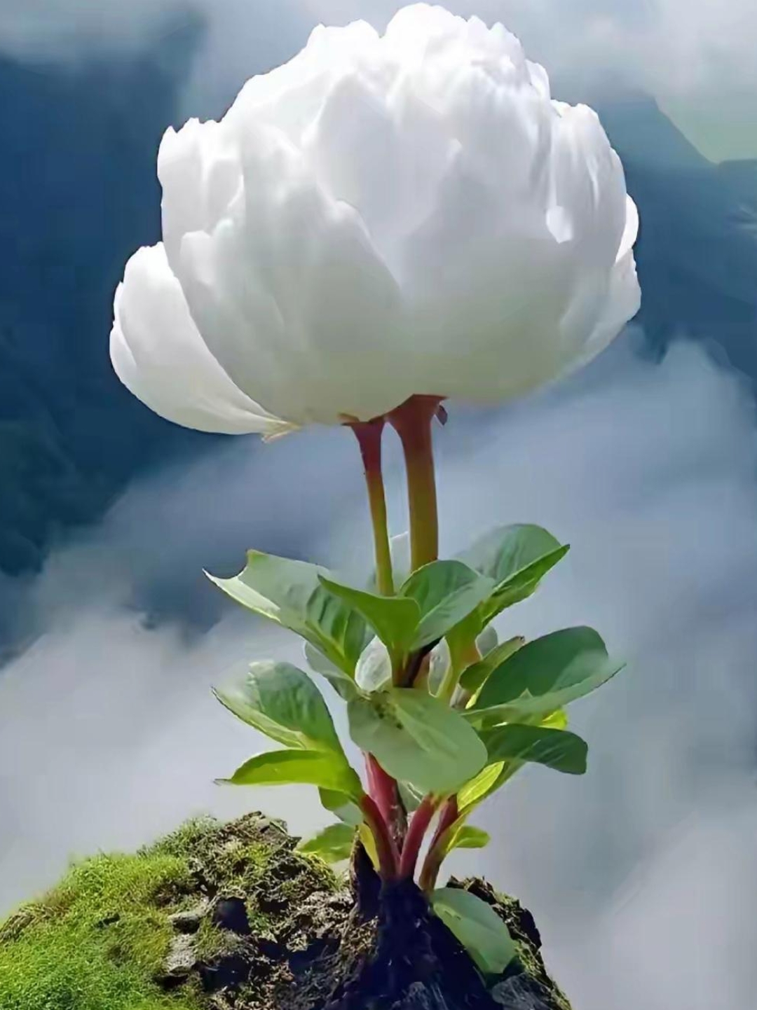 看这朵白色牡丹花象一名仙女一样降临在山崖上,花瓣洁白如雪,纯洁无瑕